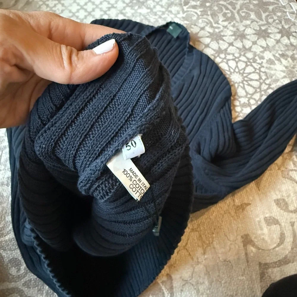 Zanone Mens Navy Blue Ribbed V Neck‎ Long Sleeve Cotton Sweater Size 50 Italy